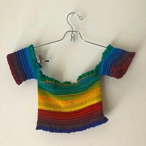 Rainbow Off Shoulder Cinch Crop Top